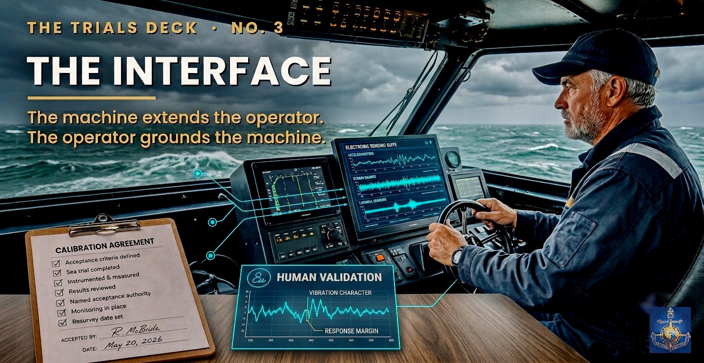 The Interface — operator at the helm with the electronic sensing suite and a signed calibration agreement.