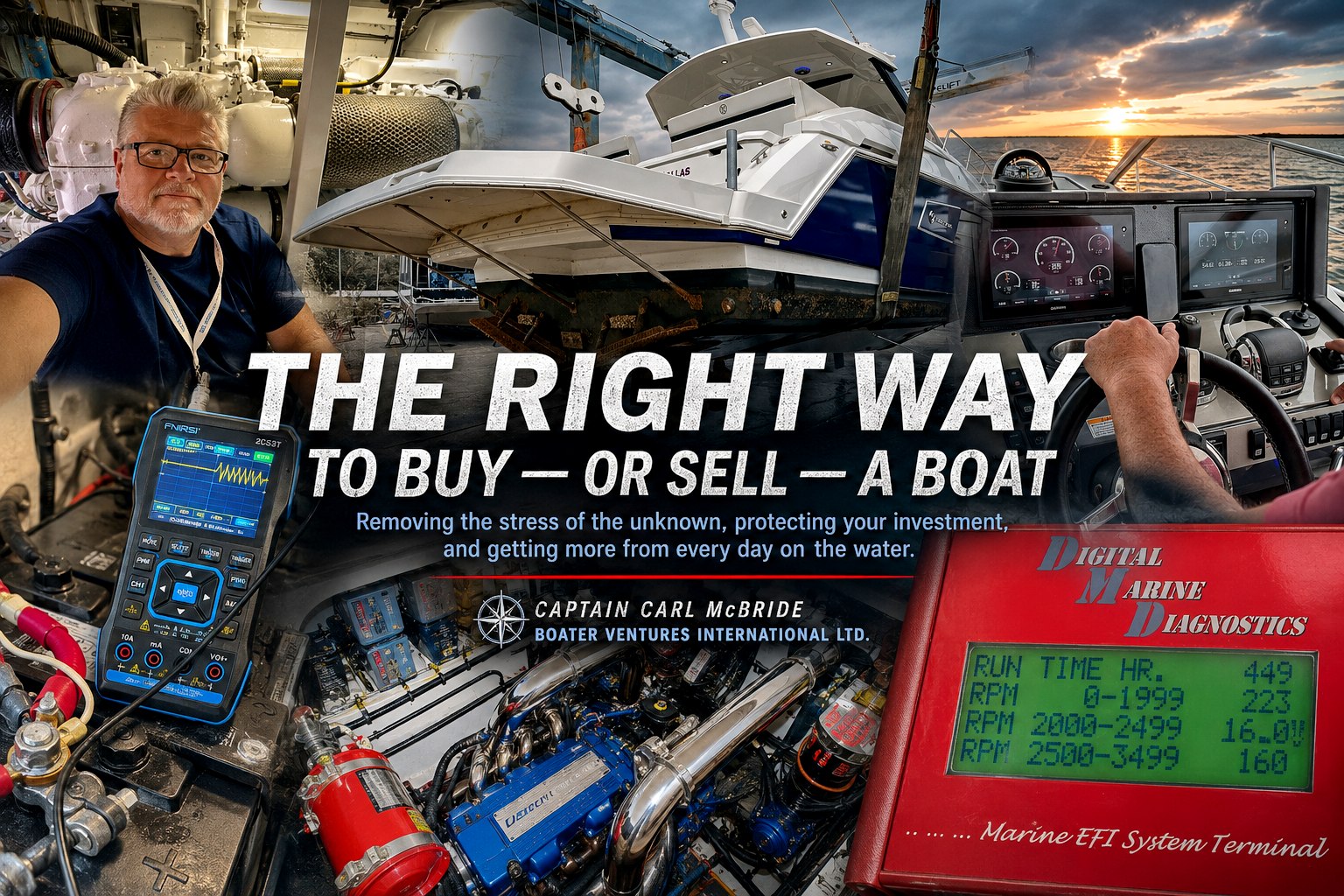The Right Way to Buy — or Sell — a Boat: Captain Carl McBride with marine diagnostic instruments and a boat hauled out on a travel-lift.