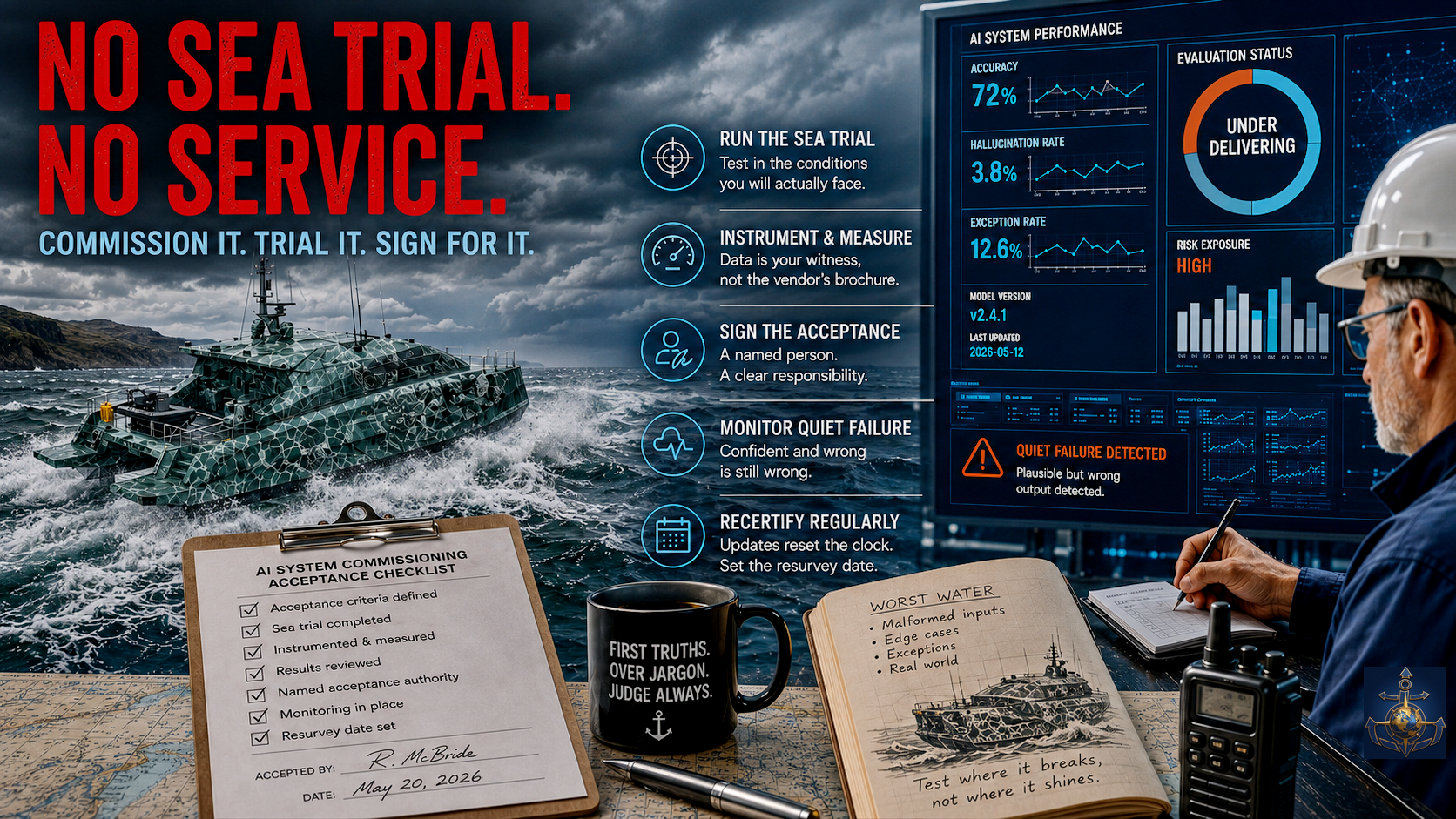 No sea trial, no service — AI commissioning checklist beside a performance dashboard.