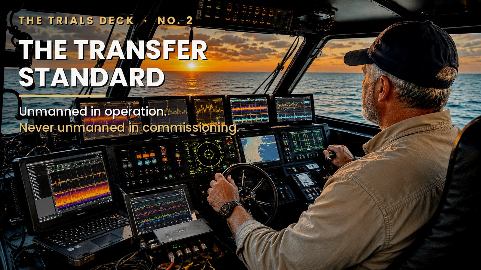 The Transfer Standard — an operator at the helm of an unmanned surface vessel under trials at sunset.
