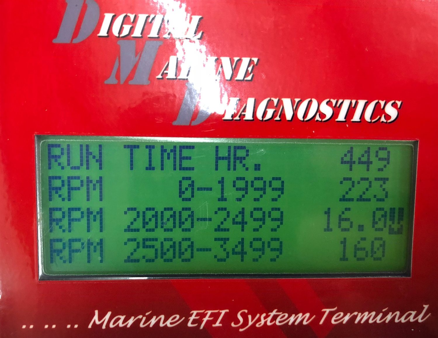 A Digital Marine Diagnostics EFI system terminal showing engine run-time hours broken down by RPM band.