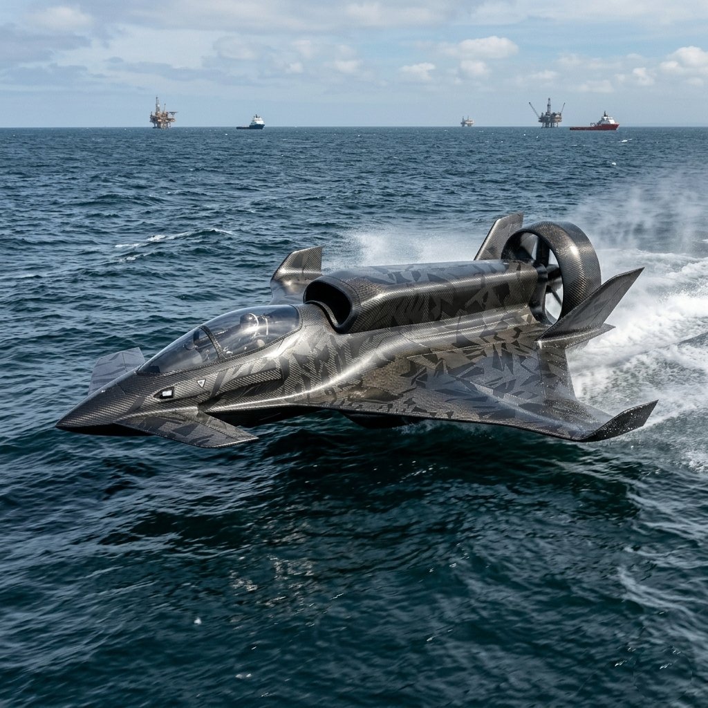 Vector WIG concept — a carbon-fiber blended wing-body ground-effect craft running low over open water past offshore platforms.