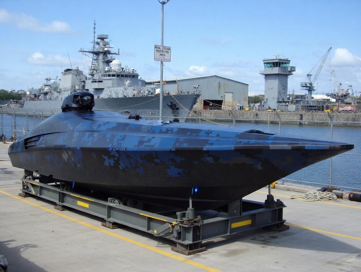 Concept visualization of an autonomous surface vessel configuration derived from the Vector 45 hull.