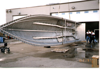 Vector 45 framed aluminum hull under assembly.