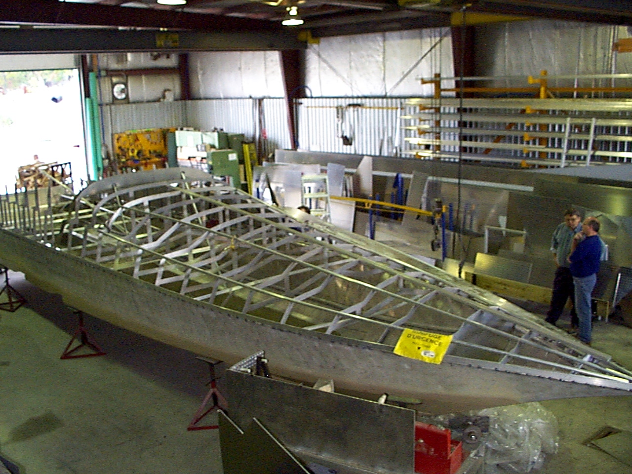 Vector 45 fully framed hull with welded centerline keelson, looking aft, at the pre-foam stage.